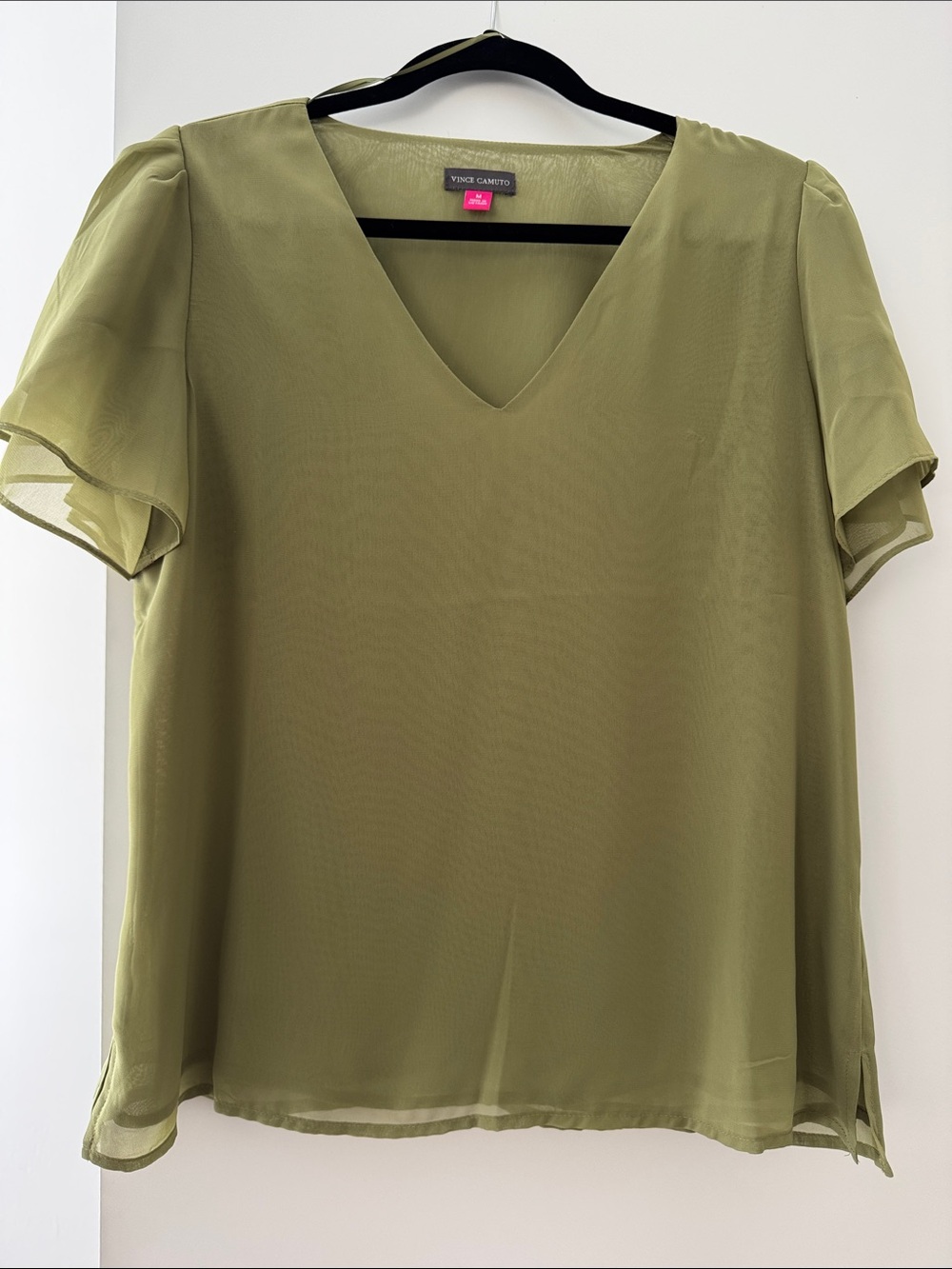 Vince Camuto Olive V-Neck Sheer Flutter Sleeve Top